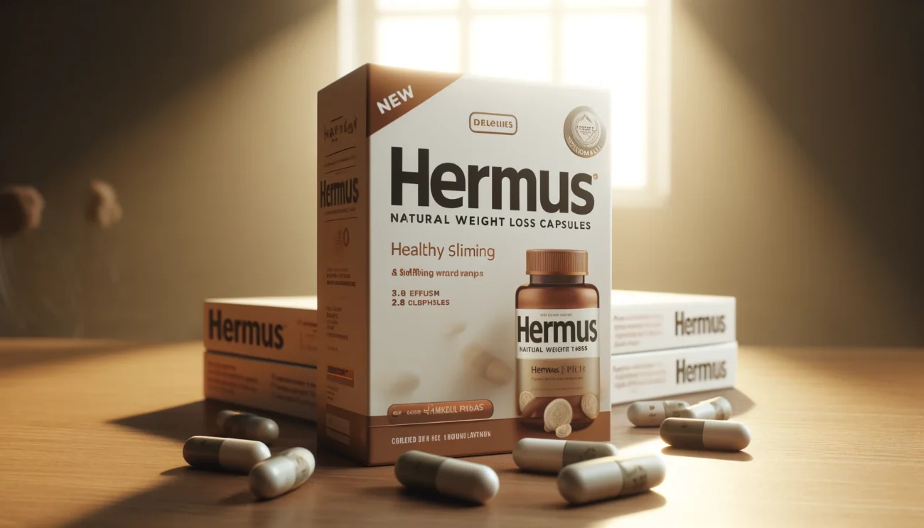 قرص هرمس 5 DALL·E 2025 02 19 12.51.03 A horizontal image of Hermus Natural weight loss capsules featuring packaging similar to the one provided in the reference image. The New label and