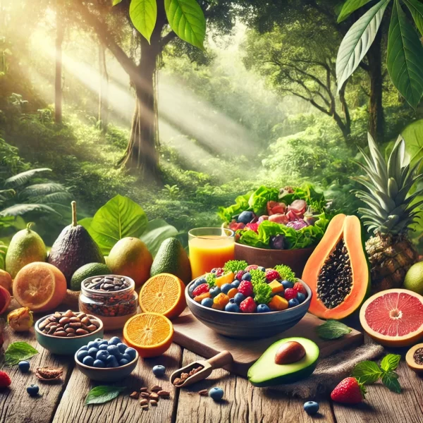 DALL·E 2025-04-22 05.33.43 - A vibrant and fresh image showcasing healthy food and fruits, placed on a wooden table amidst a serene natural background. The scene includes a variet